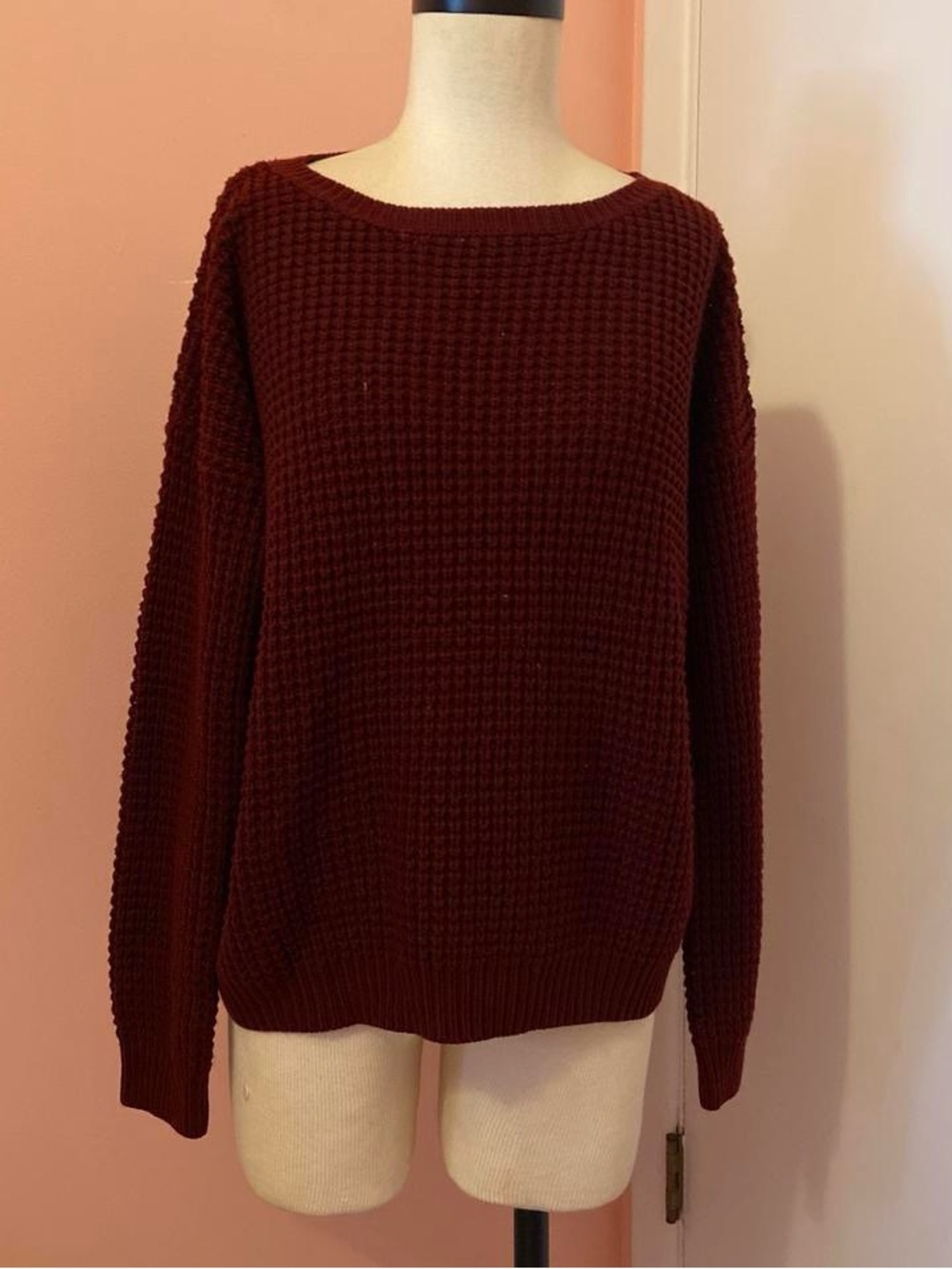 Forever 21 Burgundy Waffle-Knit Crew Neck Sweater